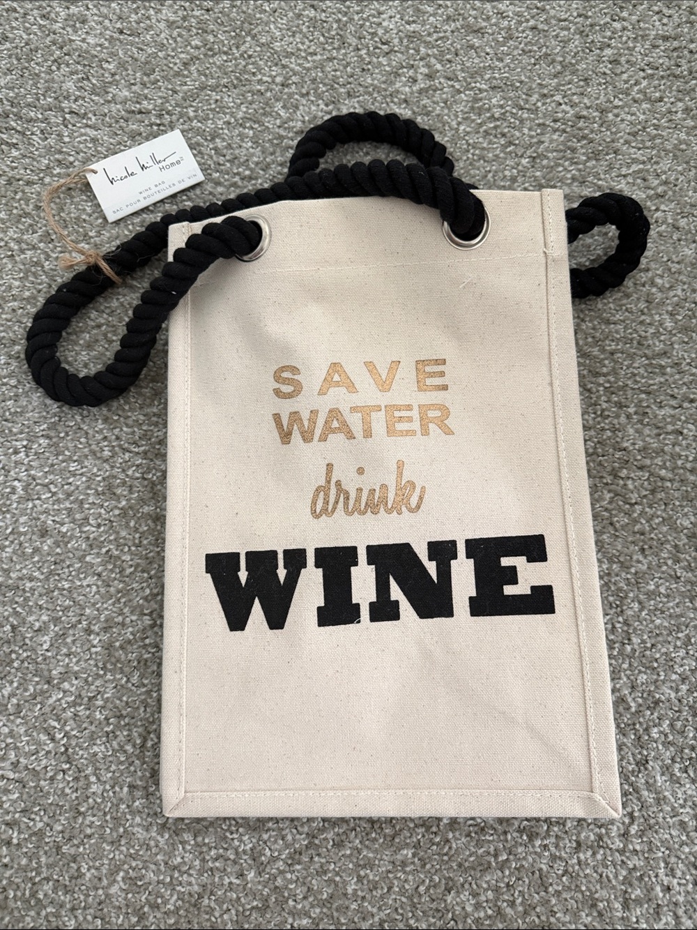 Nicole Miller Cream Canvas 'Save Water Drink Wine' Tote with Black Rope Handles